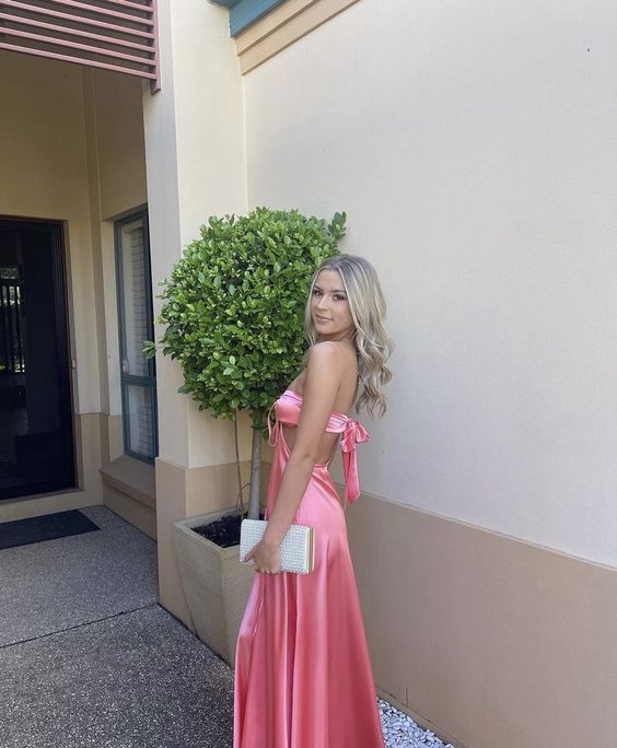 A Line Pink Backless Evening Party Dress Long Pink Prom Dress Main image