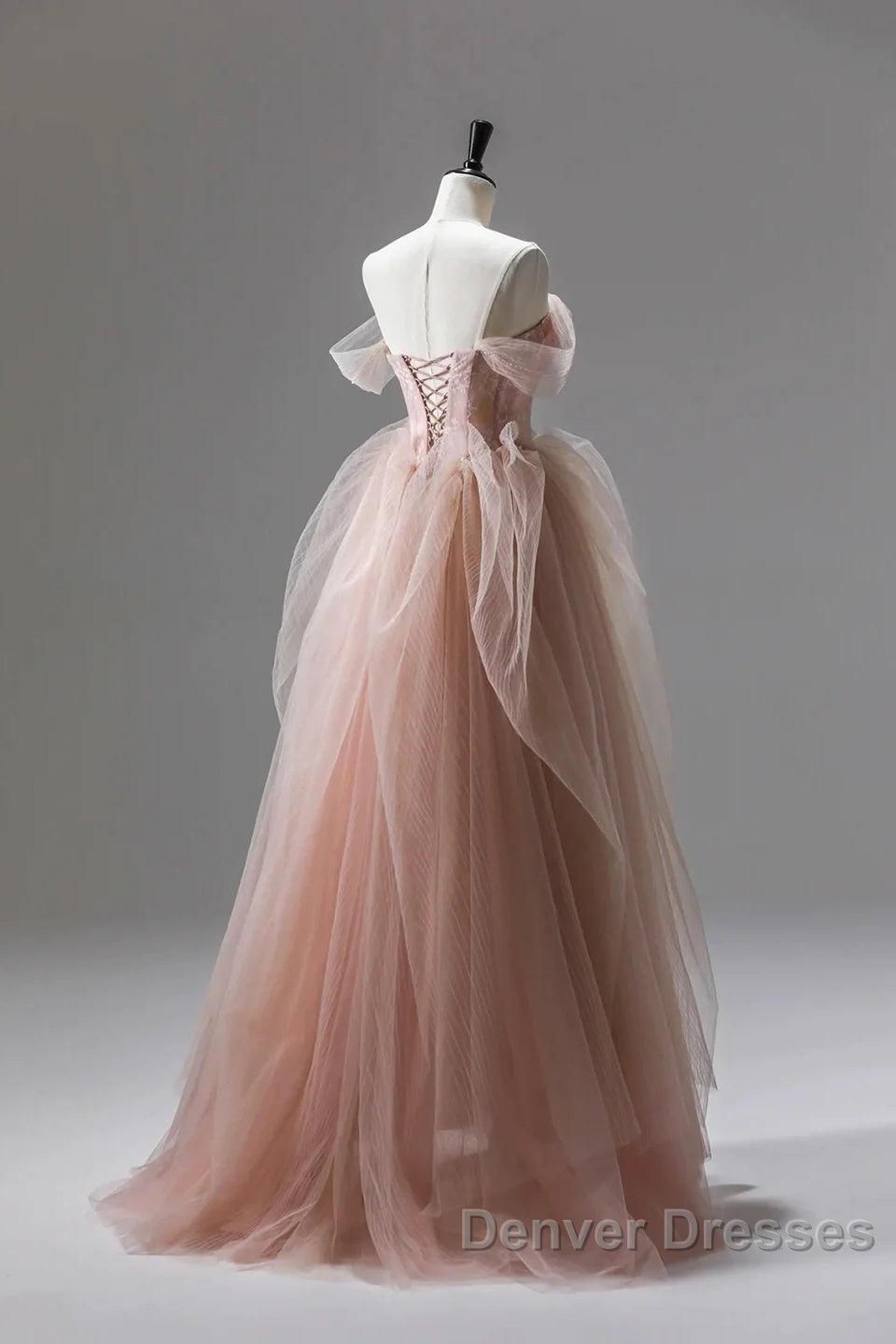 A Line Pink Corset Long Tulle Prom Dress With Ruffles