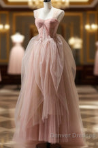 A Line Pink Corset Long Tulle Prom Dress With Ruffles