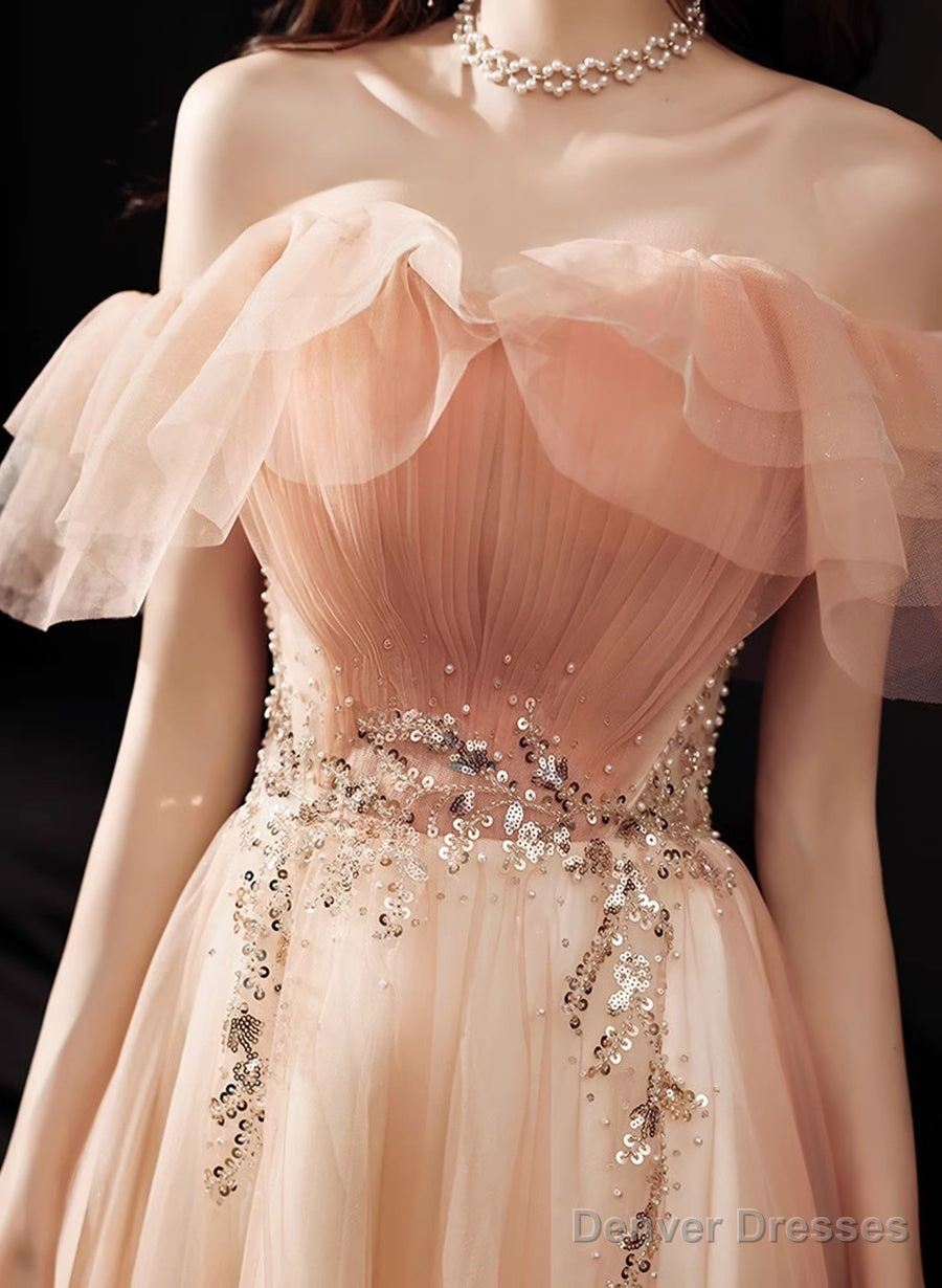 A-Line Pink Floor Length Party Dress Prom Dress, Pink Off Shoulder Formal Dress