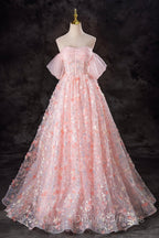 A-Line Pink Flowers Tulle Long Princess Dress, Off the Shoulder Formal Evening Dress