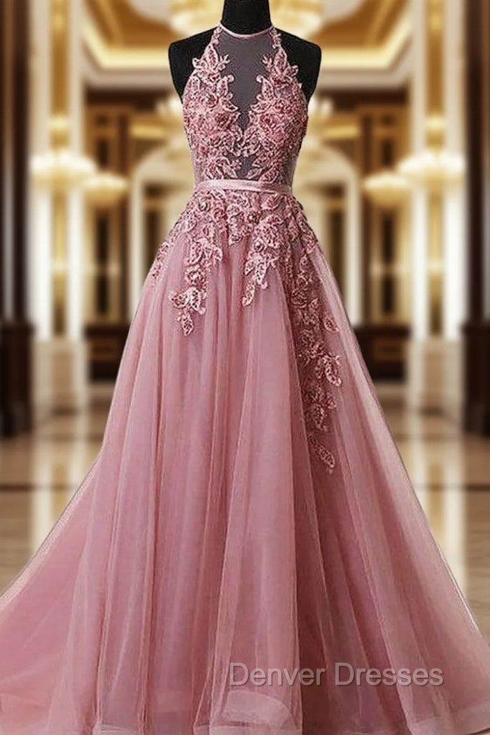 A-Line Pink Halter Sleeveless Applique Tulle Prom Dress Main image