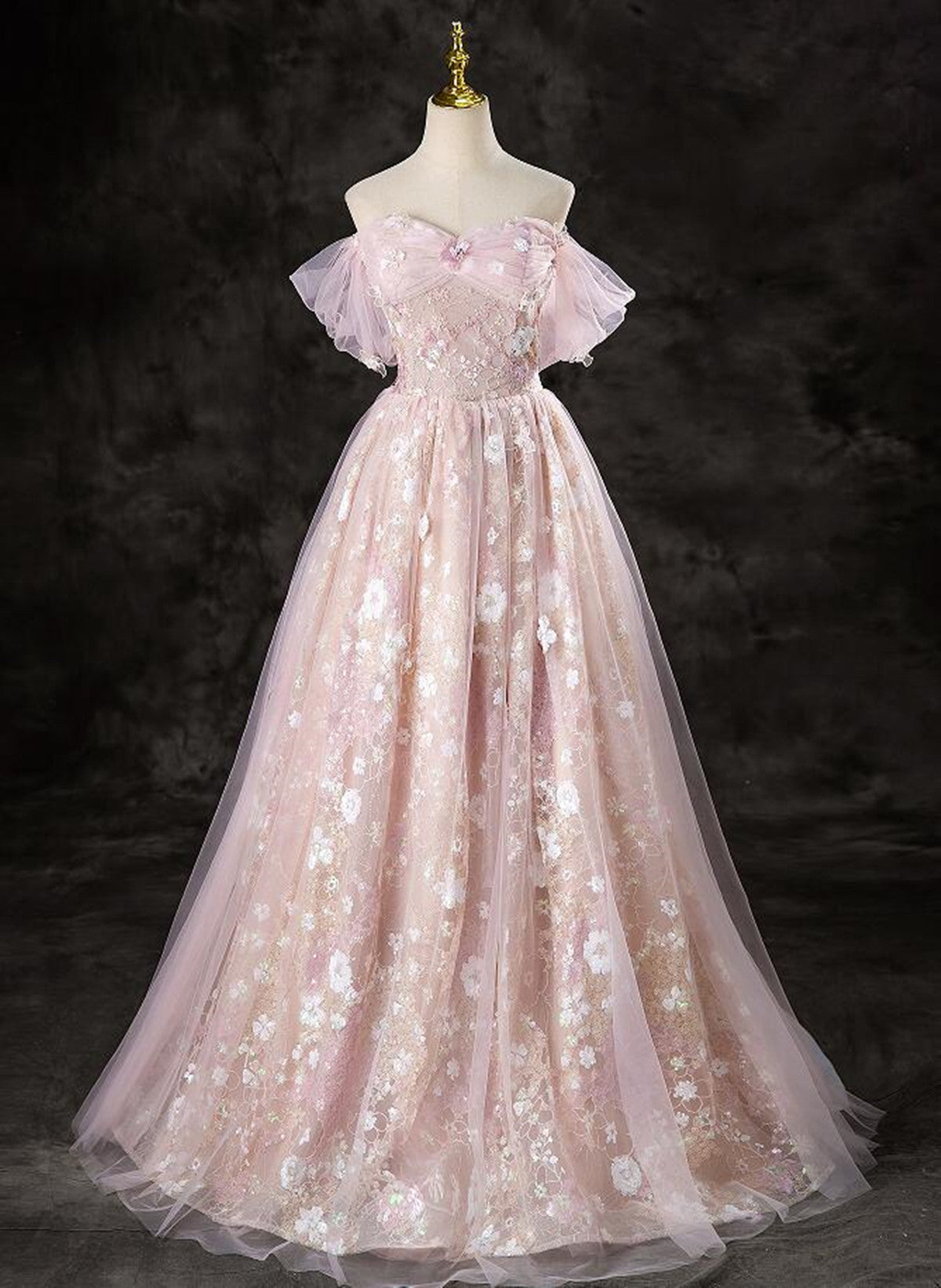 A-Line Pink Lace And Tulle Sweetheart Party Dress, Pink Tulle Prom Dress Main image