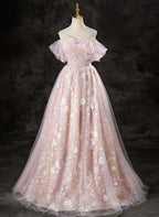 A-Line Pink Lace And Tulle Sweetheart Party Dress, Pink Tulle Prom Dress