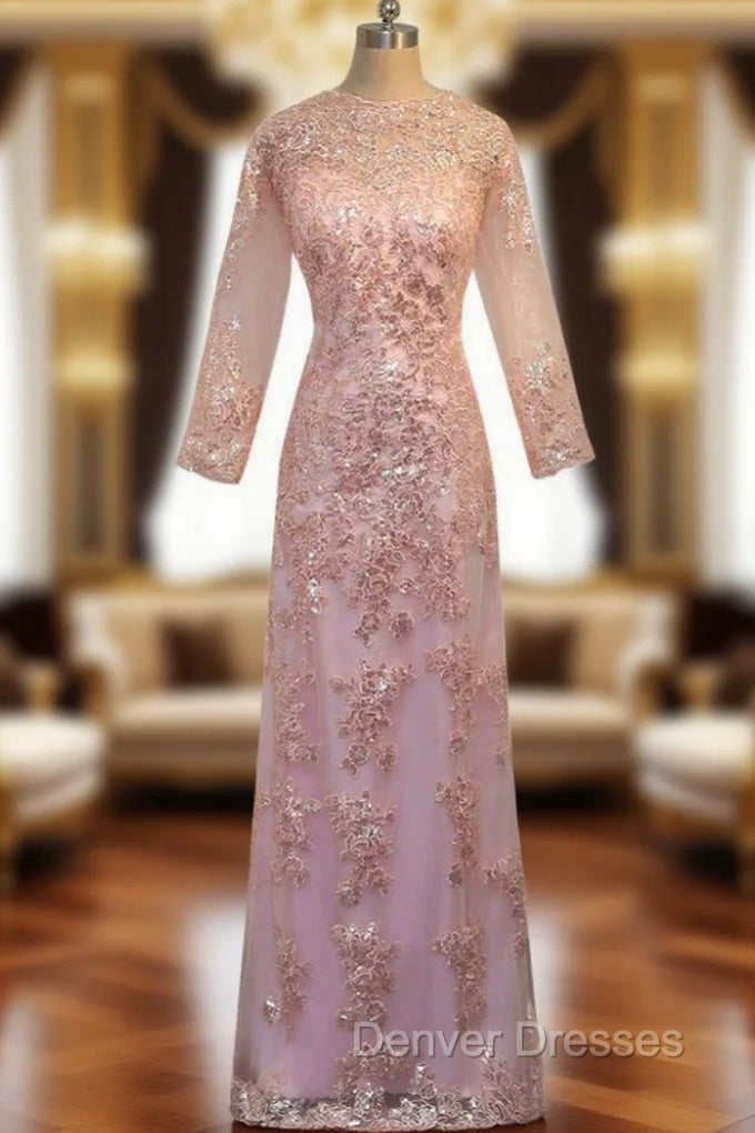 A-line Pink Lace Long Sleeves Appliques Mother Of The Bride Dress