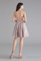 A-Line Pink Leopard Sequins Spaghetti Straps Cross Back Homecoming Dresses
