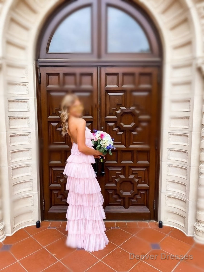 a-line pink long prom dress , unique prom dress Secondary image