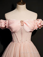 A line Pink Long Prom Dress, Pink Tulle Formal Graduation Dress With Beading