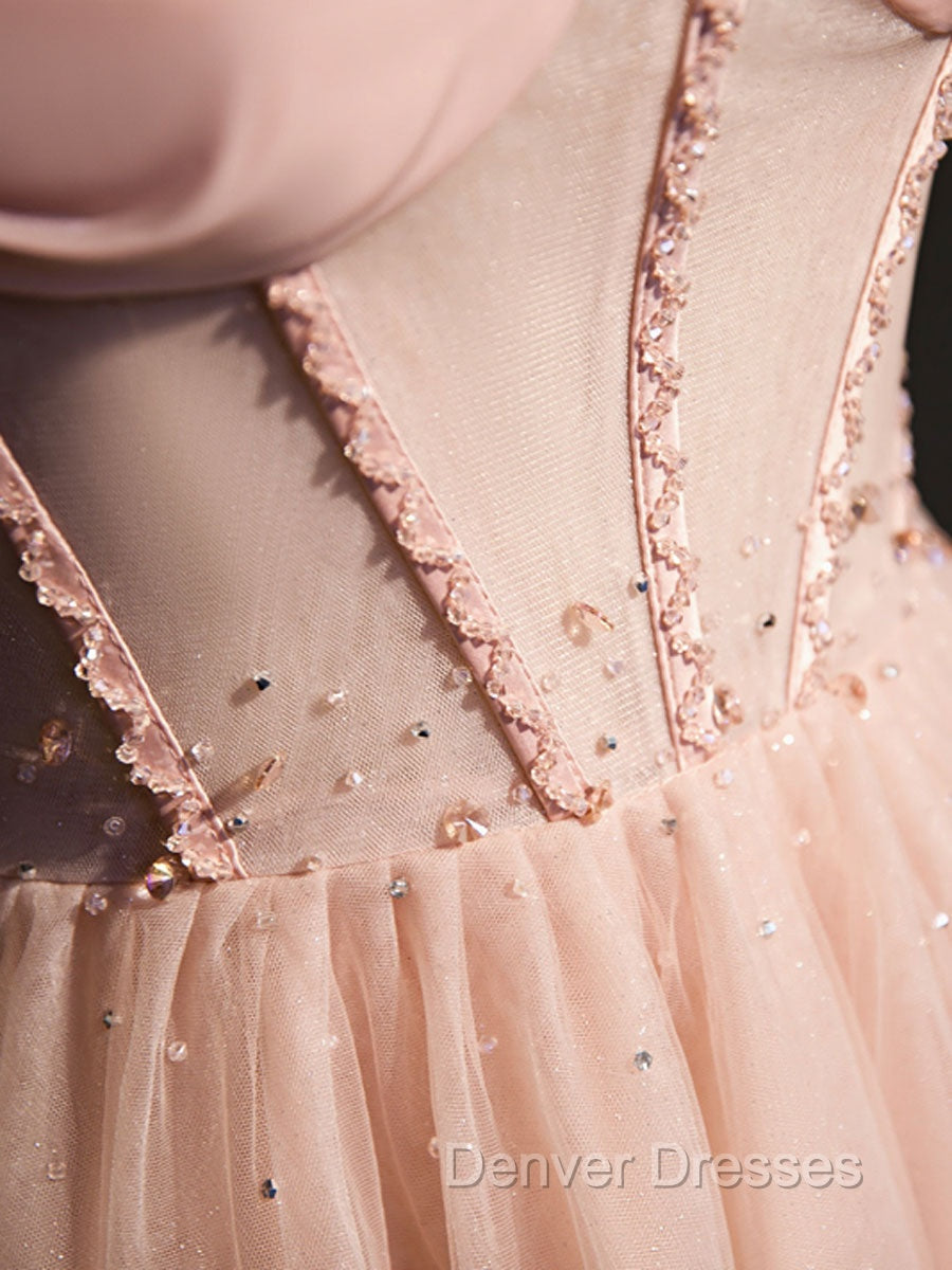 A line Pink Long Prom Dress, Pink Tulle Formal Graduation Dress With Beading