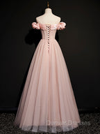 A line Pink Long Prom Dress, Pink Tulle Formal Graduation Dress With Beading