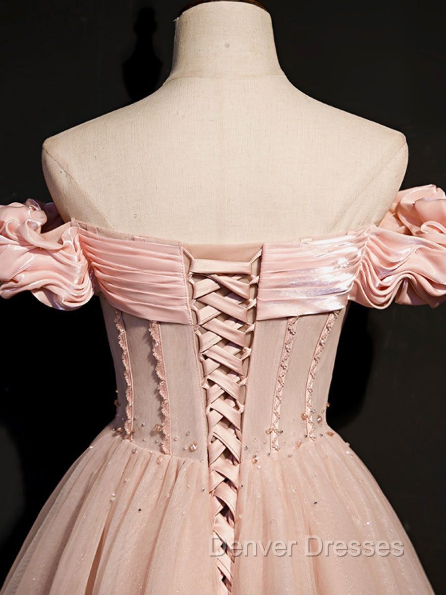 A line Pink Long Prom Dress, Pink Tulle Formal Graduation Dress With Beading