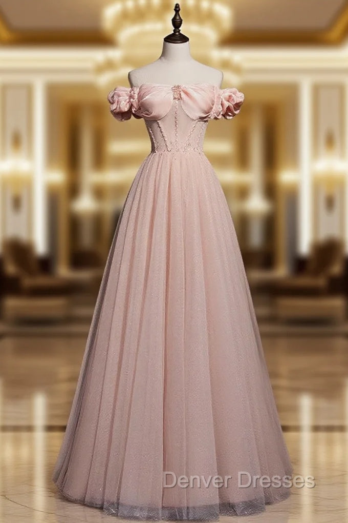 A line Pink Long Prom Dress, Pink Tulle Formal Graduation Dress With Beading Main image