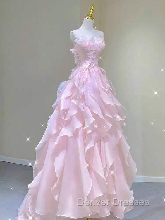 A Line Pink Long Prom Dress,Strapless Evening Gown