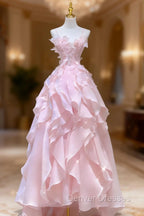 A Line Pink Long Prom Dress,Strapless Evening Gown