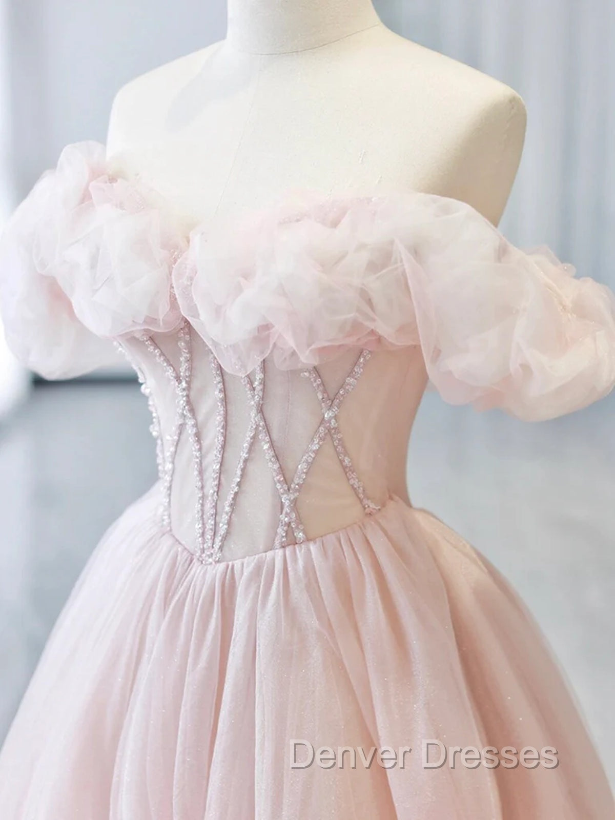 A-line Pink Off Shoulder Beaded Sweetheart Party Dress, Pink Tulle Prom Dress Secondary image