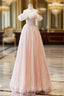 A-line Pink Off Shoulder Beaded Sweetheart Party Dress, Pink Tulle Prom Dress