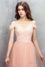 A-line Pink Off Shoulder Lace Prom Dresses