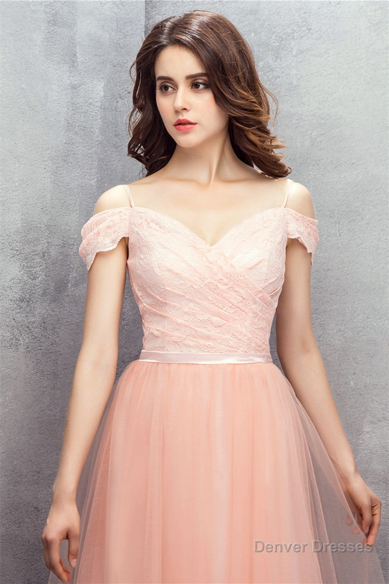 A-line Pink Off Shoulder Lace Prom Dresses