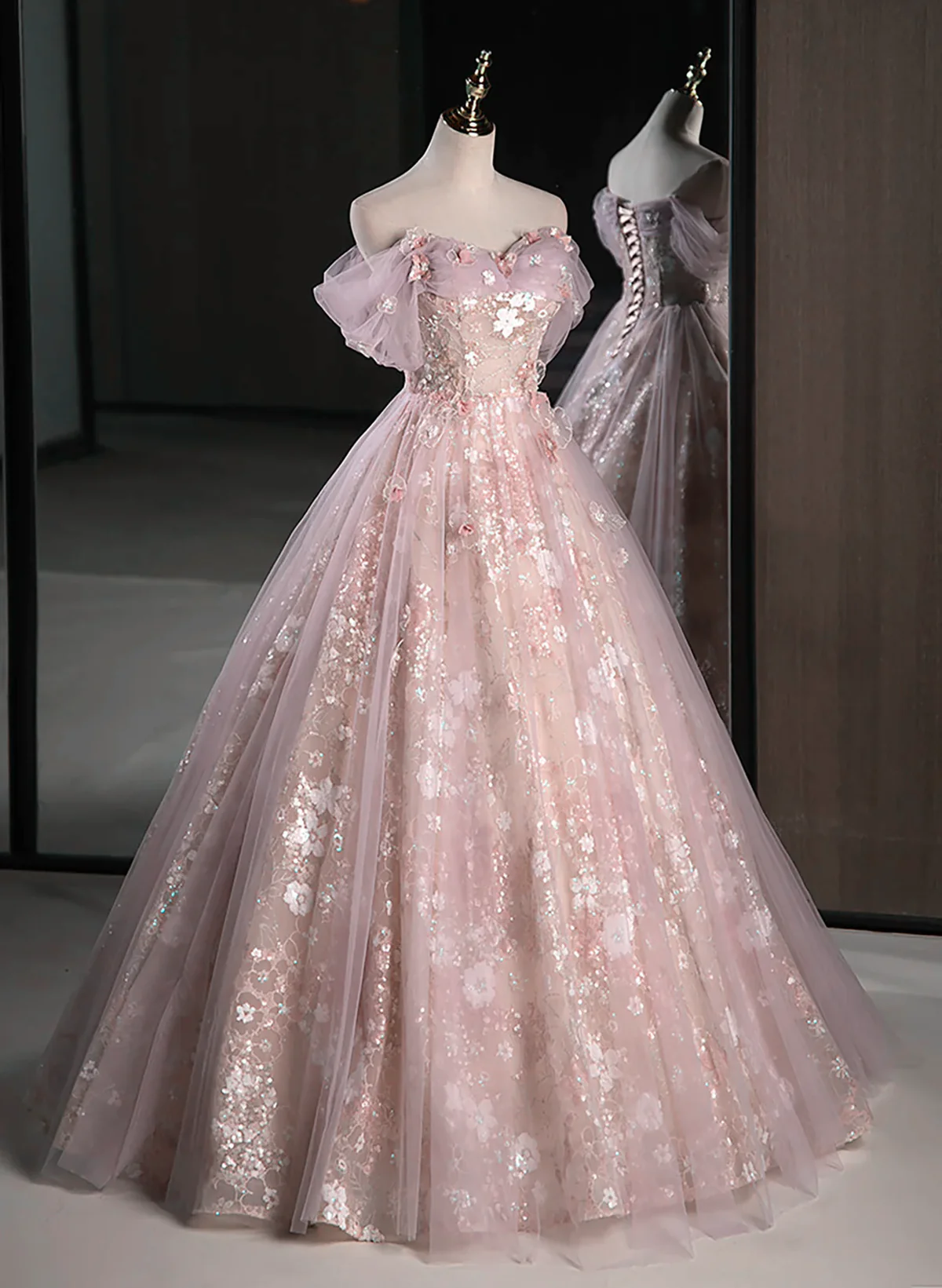 A-Line Pink Off Shoulder Sweetheart Lace And Tulle Prom Dress, Pink Party Dress Secondary image