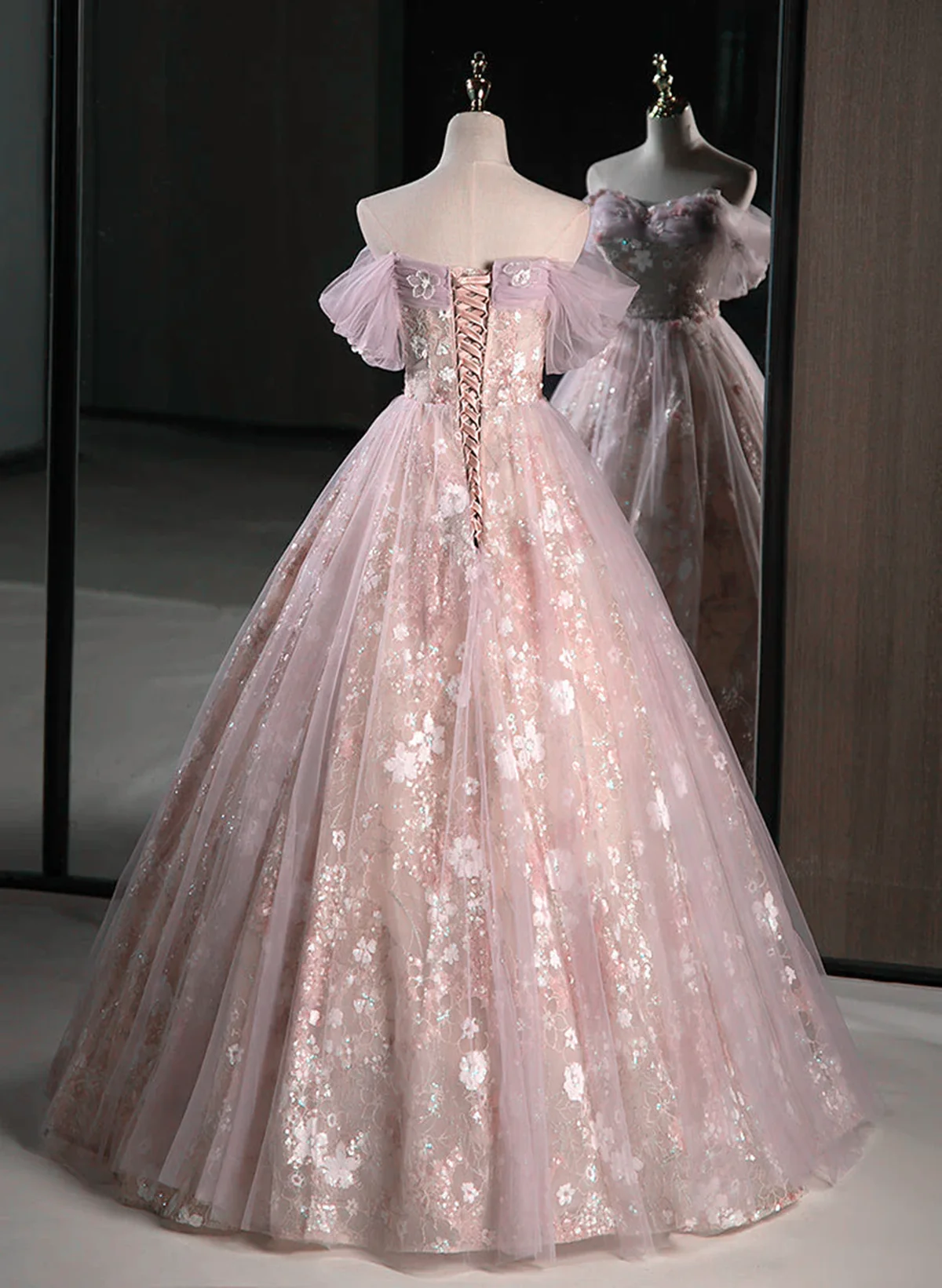 A-Line Pink Off Shoulder Sweetheart Lace And Tulle Prom Dress, Pink Party Dress