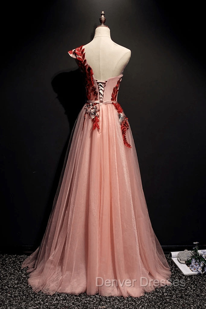 A Line Pink One Shoulder Tulle Red Applique Long Prom Dress Evening Dress Secondary image