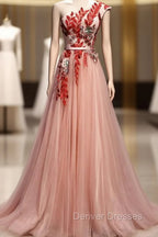 A Line Pink One Shoulder Tulle Red Applique Long Prom Dress Evening Dress