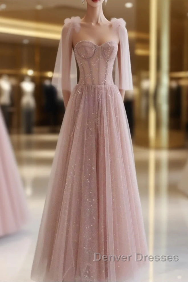 A-Line Pink Round Neck Tulle Long Prom Dress, Pink Formal Evening Dress Main image