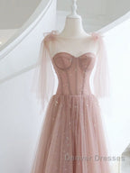 A-Line Pink Round Neck Tulle Long Prom Dress, Pink Formal Evening Dress