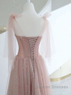 A-Line Pink Round Neck Tulle Long Prom Dress, Pink Formal Evening Dress