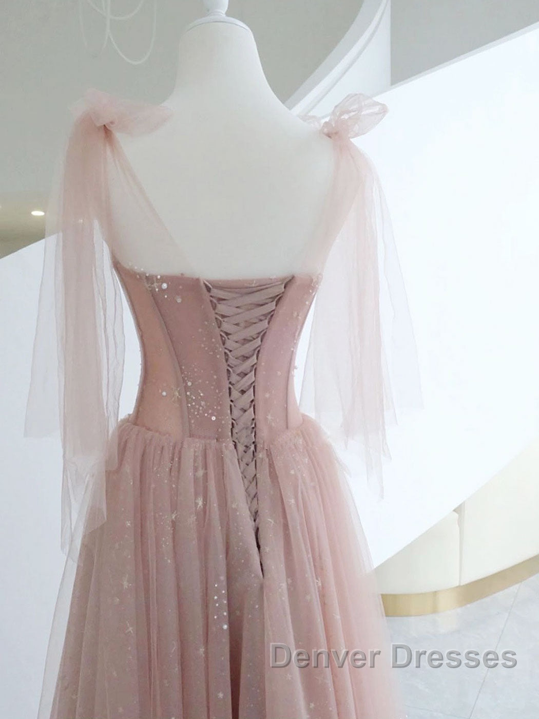 A-Line Pink Round Neck Tulle Long Prom Dress, Pink Formal Evening Dress