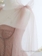 A-Line Pink Round Neck Tulle Long Prom Dress, Pink Formal Evening Dress