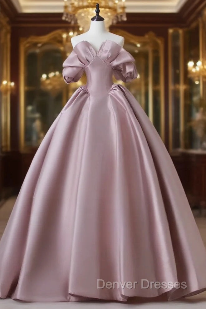 A-Line Pink Satin Long Prom Dress, Pink Long Evening Dress Main image