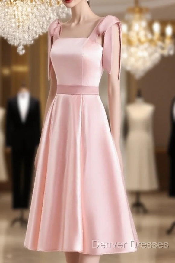 A-Line Pink Satin Short Party Dress Homecoming Dress With Tie Shoulders Main image