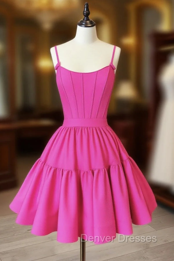 A-Line Pink Satin Short Prom Dress, Backless Cute Pink Homecoming Dress Main image