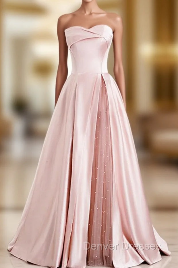 A-Line Pink Satin Strapless Pleats Long Prom Dress Main image