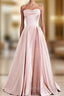 A-Line Pink Satin Strapless Pleats Long Prom Dress