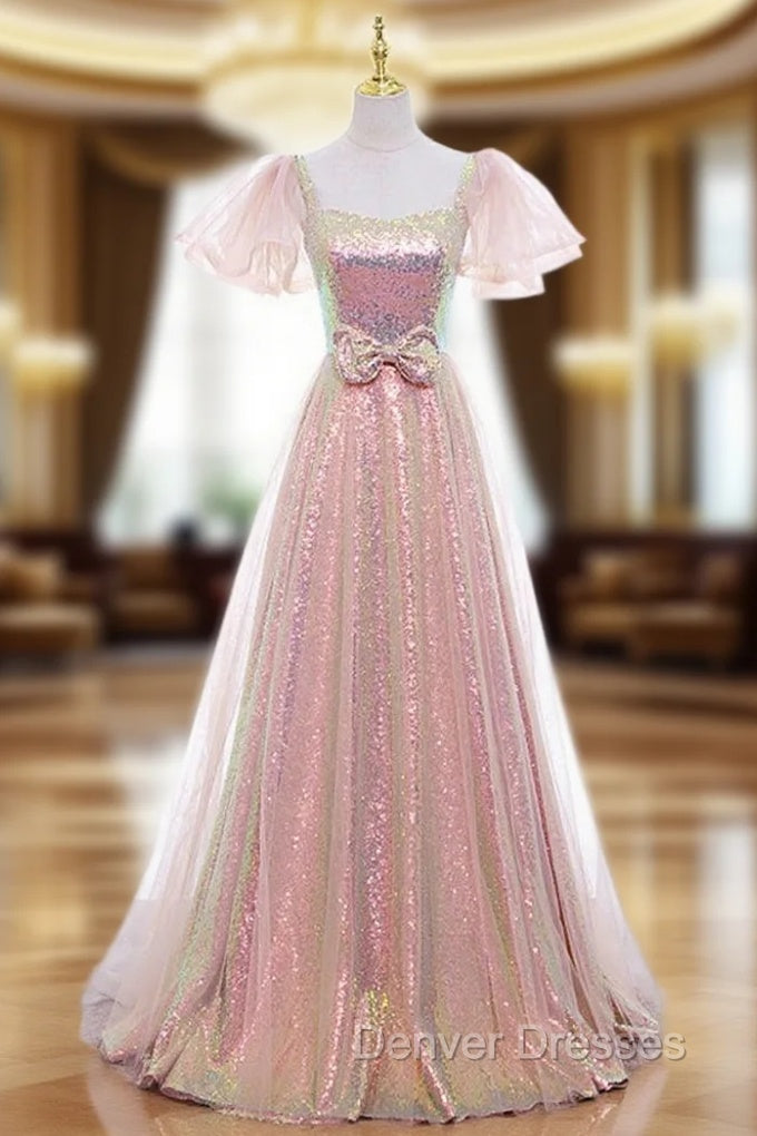 A-line Pink Sequins Puff Sleeve Prom Dress Main image