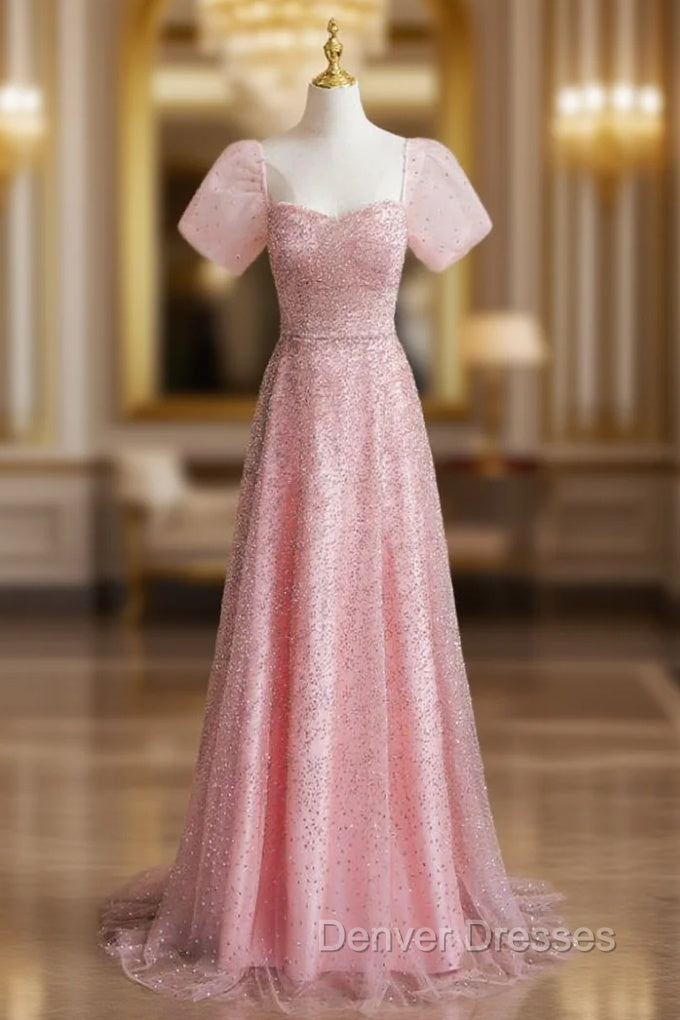 A-line Pink Sequins Short Sleeve Prom Dress