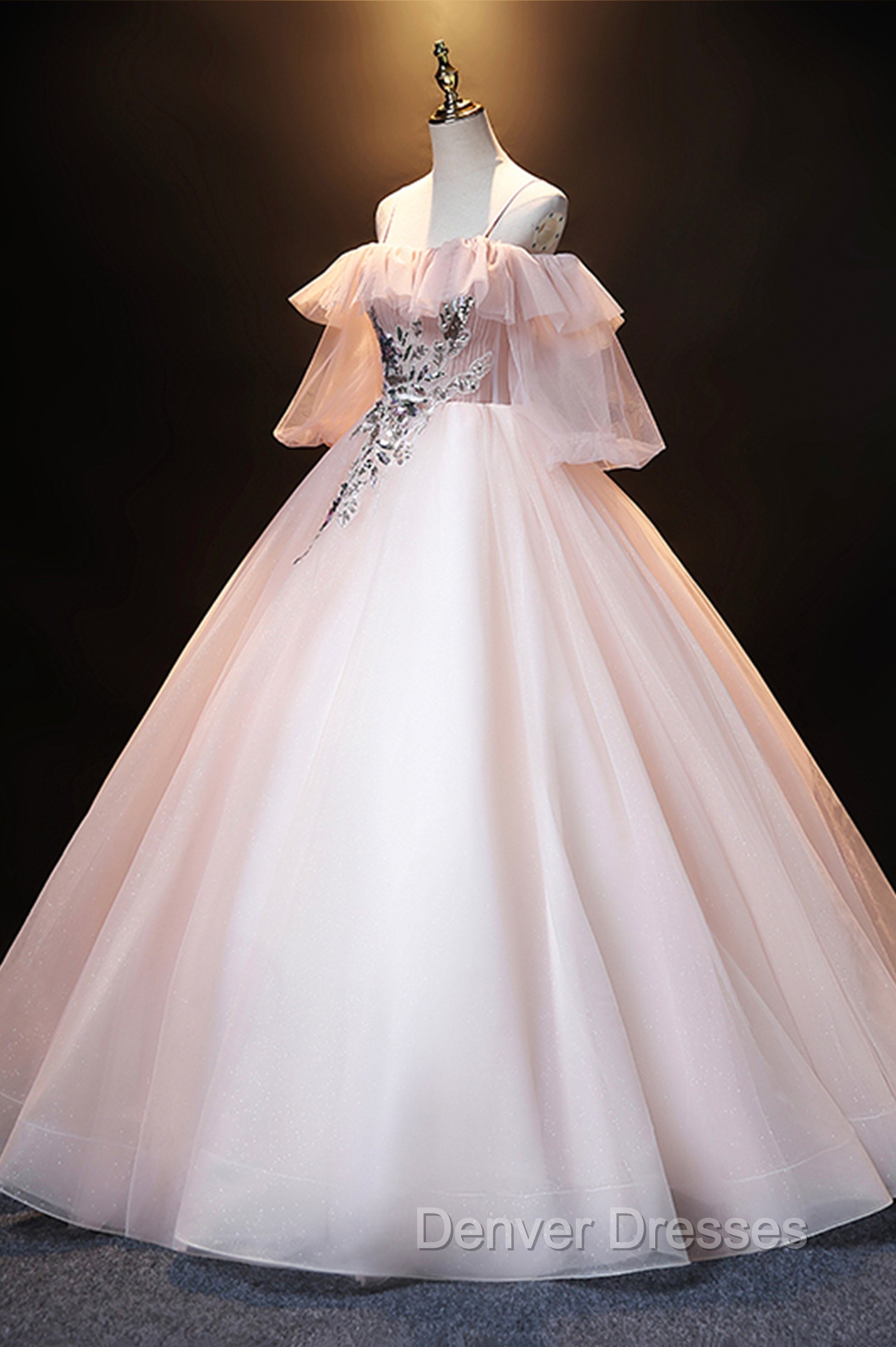 A-Line Pink Spaghetti Straps Long Prom Dress, Pink Lace Formal Evening Dress Secondary image