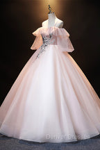 A-Line Pink Spaghetti Straps Long Prom Dress, Pink Lace Formal Evening Dress