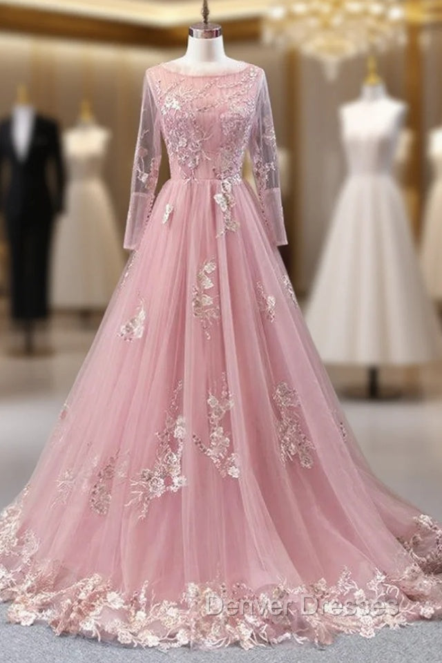 A-Line Pink Tulle Appliques Sequins Long Sleeve Prom Dress Main image