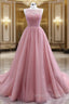 A-Line Pink Tulle Backless Beading Prom Dress