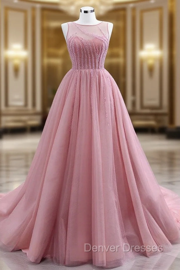 A-Line Pink Tulle Backless Beading Prom Dress