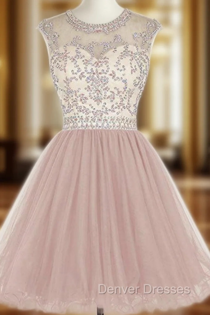 A-Line Pink Tulle Cap Sleeve Beading Sequins Homecoming Dress Main image