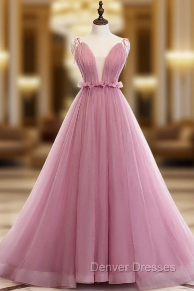 A-Line Pink Tulle Deep V-neck Backless Long Prom Dress Main image