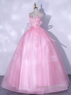 A-Line Pink Tulle Lace Long Prom Dress, Pink Formal Dress