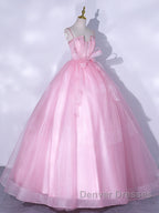 A-Line Pink Tulle Lace Long Prom Dress, Pink Formal Dress