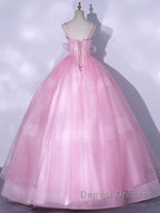 A-Line Pink Tulle Lace Long Prom Dress, Pink Formal Dress