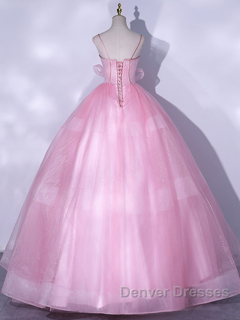 A-Line Pink Tulle Lace Long Prom Dress, Pink Formal Dress