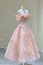 A Line Pink Tulle Lace Off The Shoulder Prom Dress, Formal Evening Dress